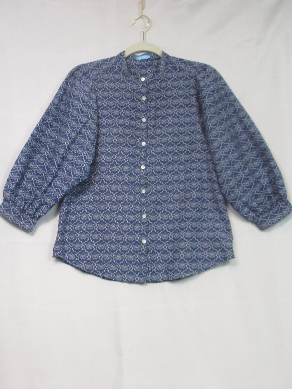 J. McLaughlin Blouse Women's XS Blue Button Up 3/4 Sleeve Cotton Silk Casual